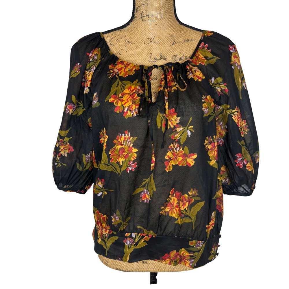 Edme & Esyllte Anthropologie Black Floral Peasant Blouse Puff Sleeve Size 10